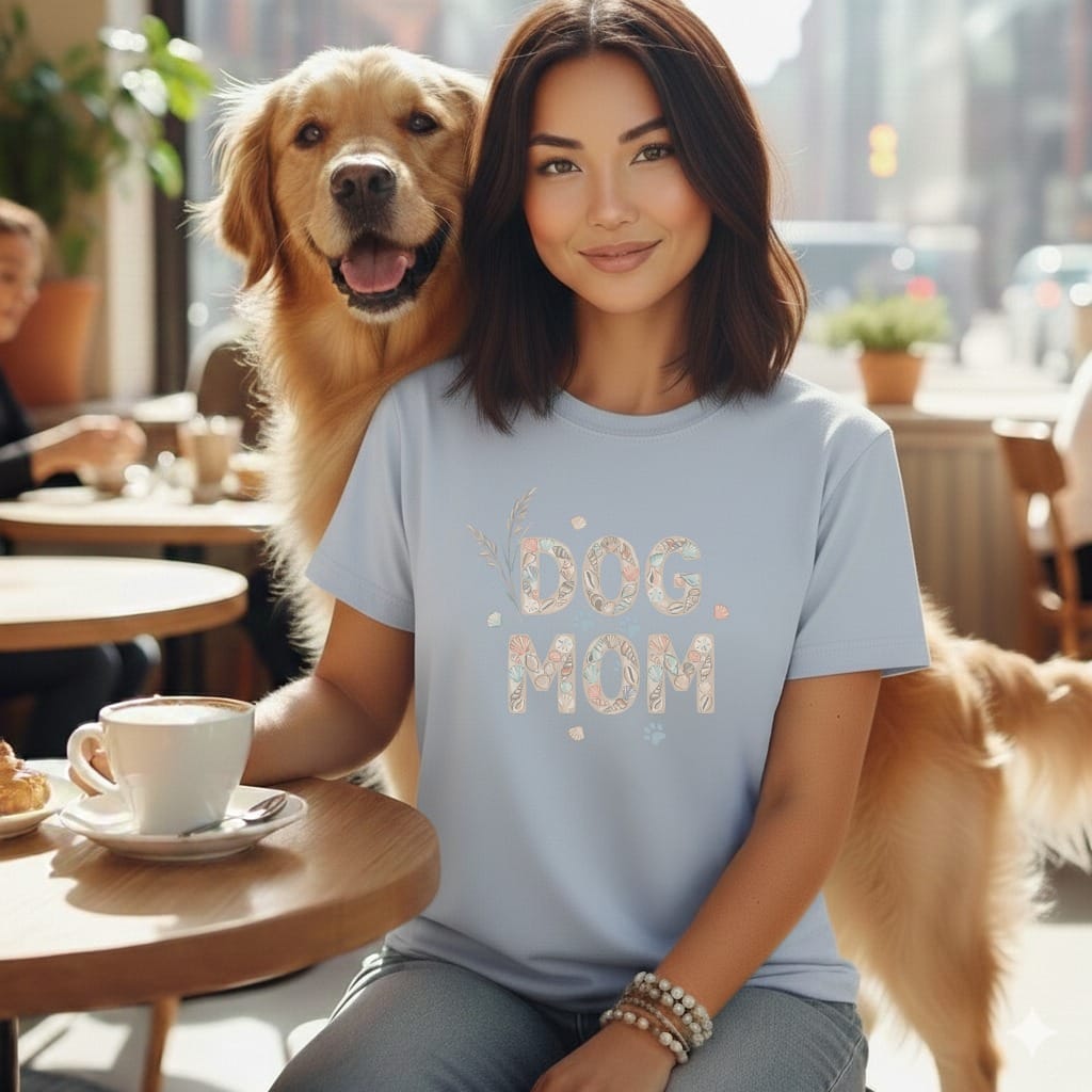 Woman with golden retriever wearing light blue t-shirt with "DOG MOM" text.