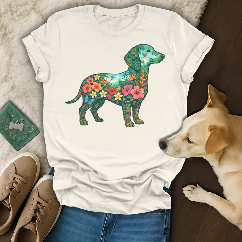 White t-shirt with a dachshund silhouette filled with tropical flowers and leaves.