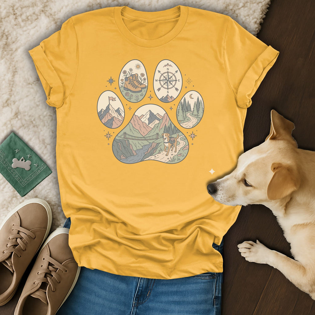 Yellow t-shirt with a paw print design featuring outdoor adventure scenes.