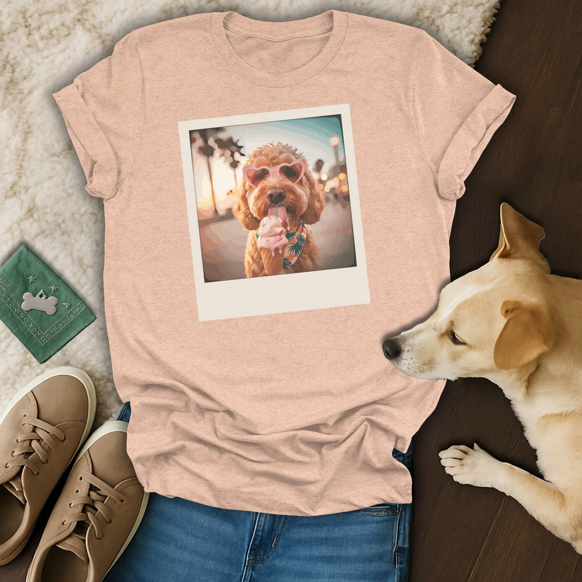 Peach t-shirt with a Polaroid-style graphic of a dog wearing heart sunglasses eating ice cream.