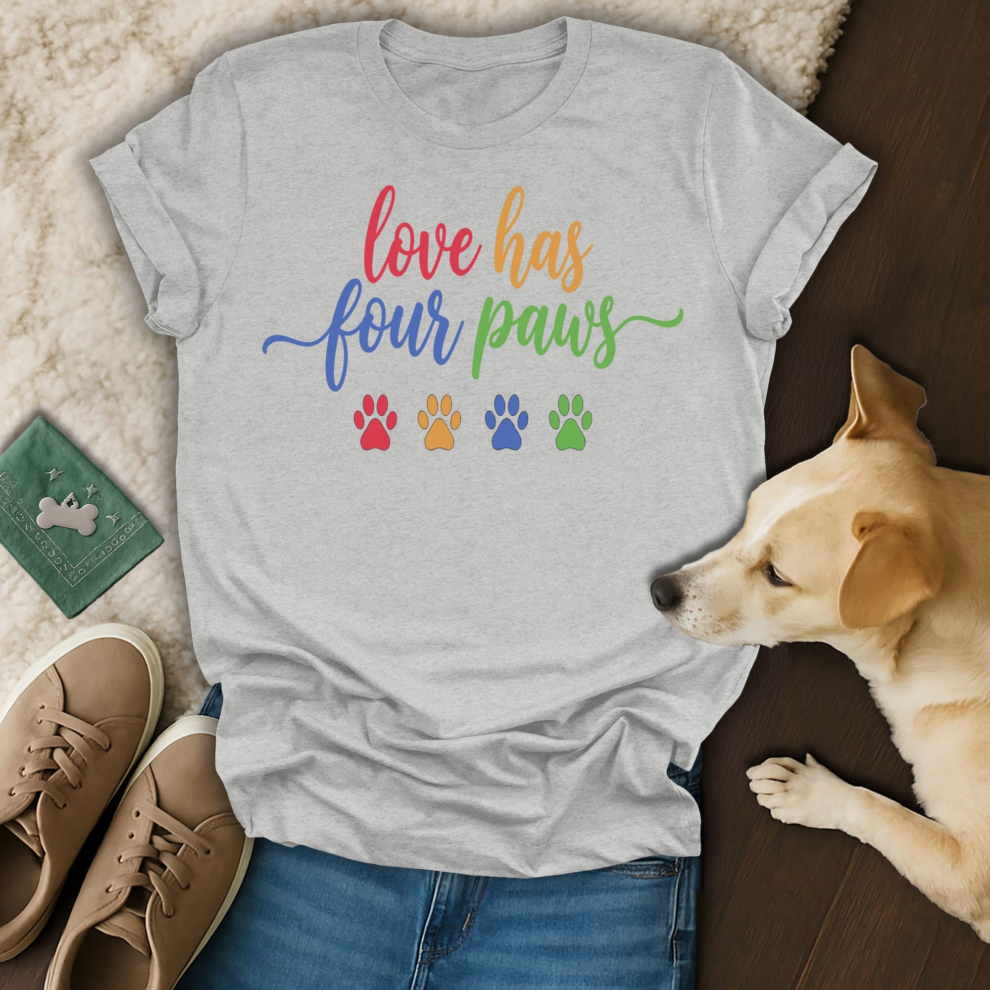 Grey t-shirt with rainbow text "love has four paws" and paw prints.
