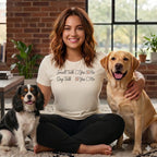 Woman with two dogs wearing a t-shirt that says "Small Talk Yes No, Dog Talk Yes No"