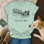 Four Good Boys dog art on a light mint t-shirt with a dog lying nearby.
