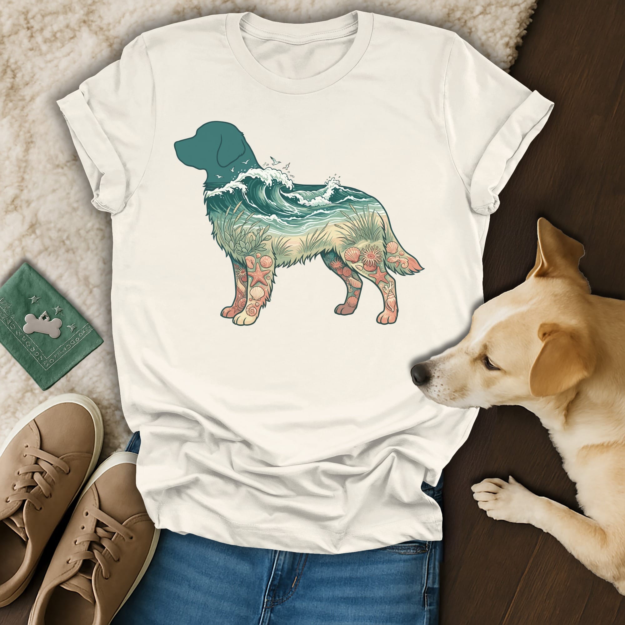 T-shirt with a dog silhouette filled with a beach scene and waves.