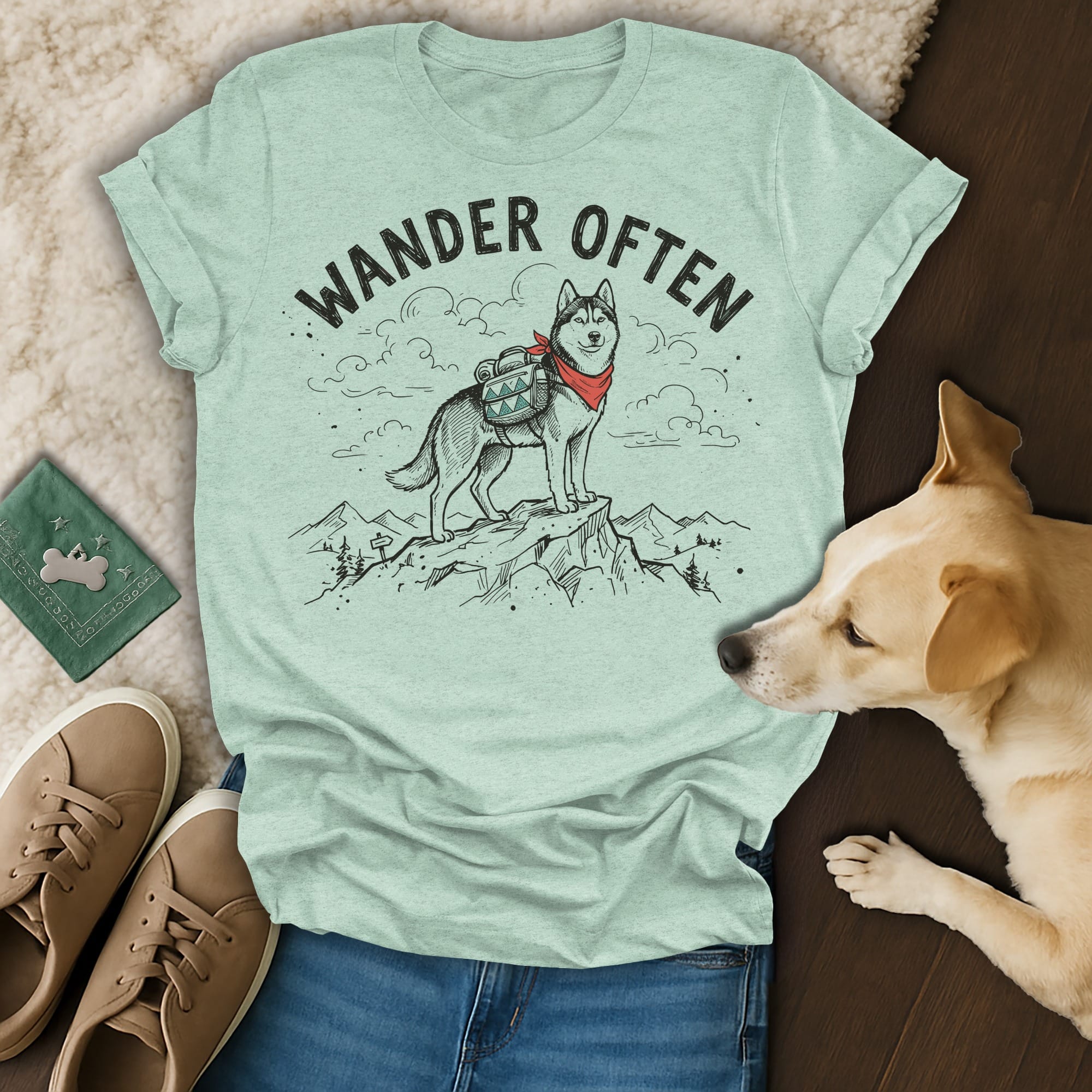Light teal t-shirt with husky illustration and text "Wander Often".