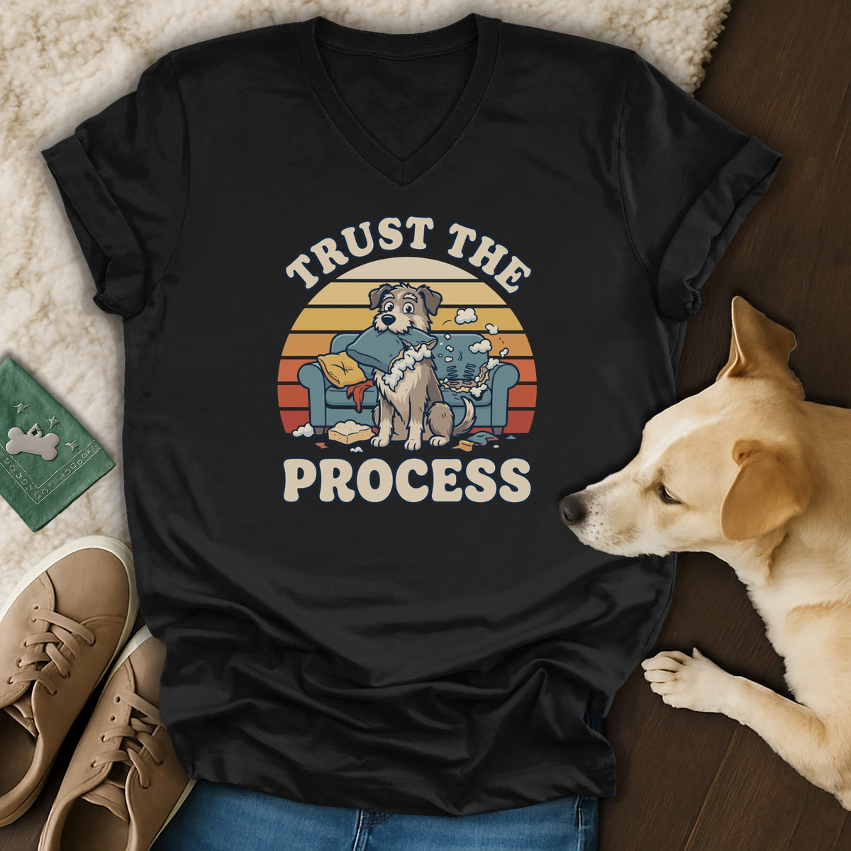 Black t-shirt with "Trust the Process" and cartoon dogs on a messy couch.