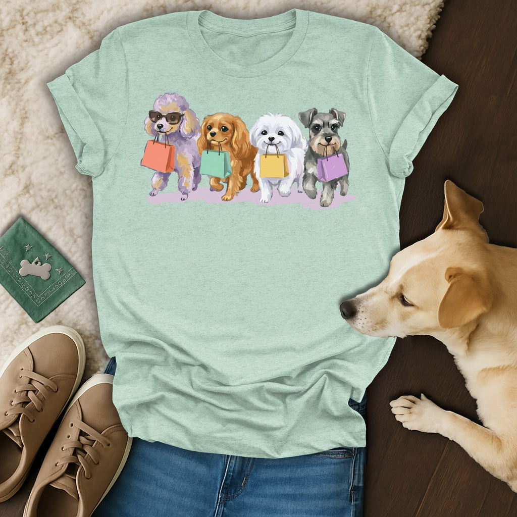 Four dogs in a line holding colorful shopping bags.