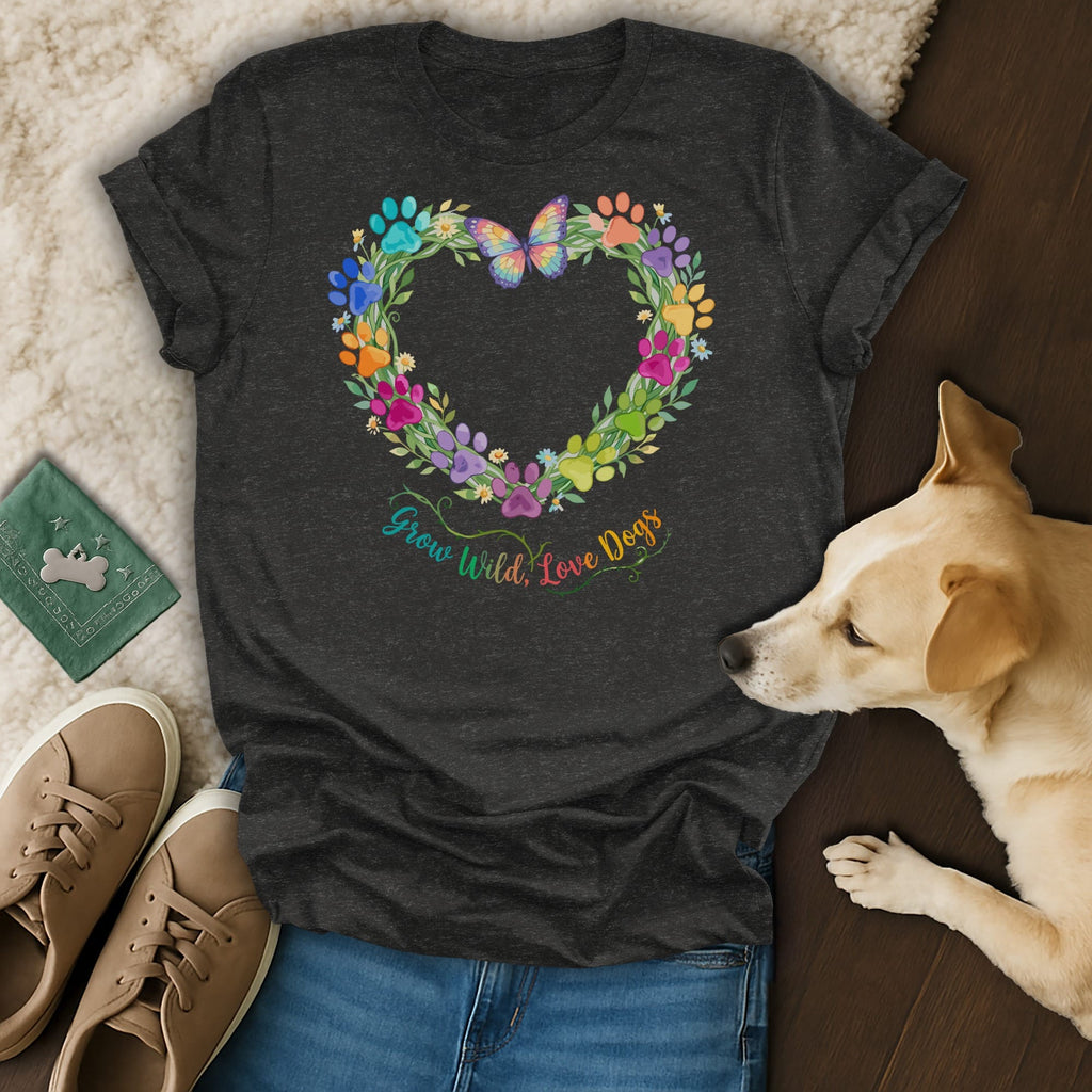 Dark grey t-shirt with a heart wreath of colorful paw prints, flowers, and butterfly.