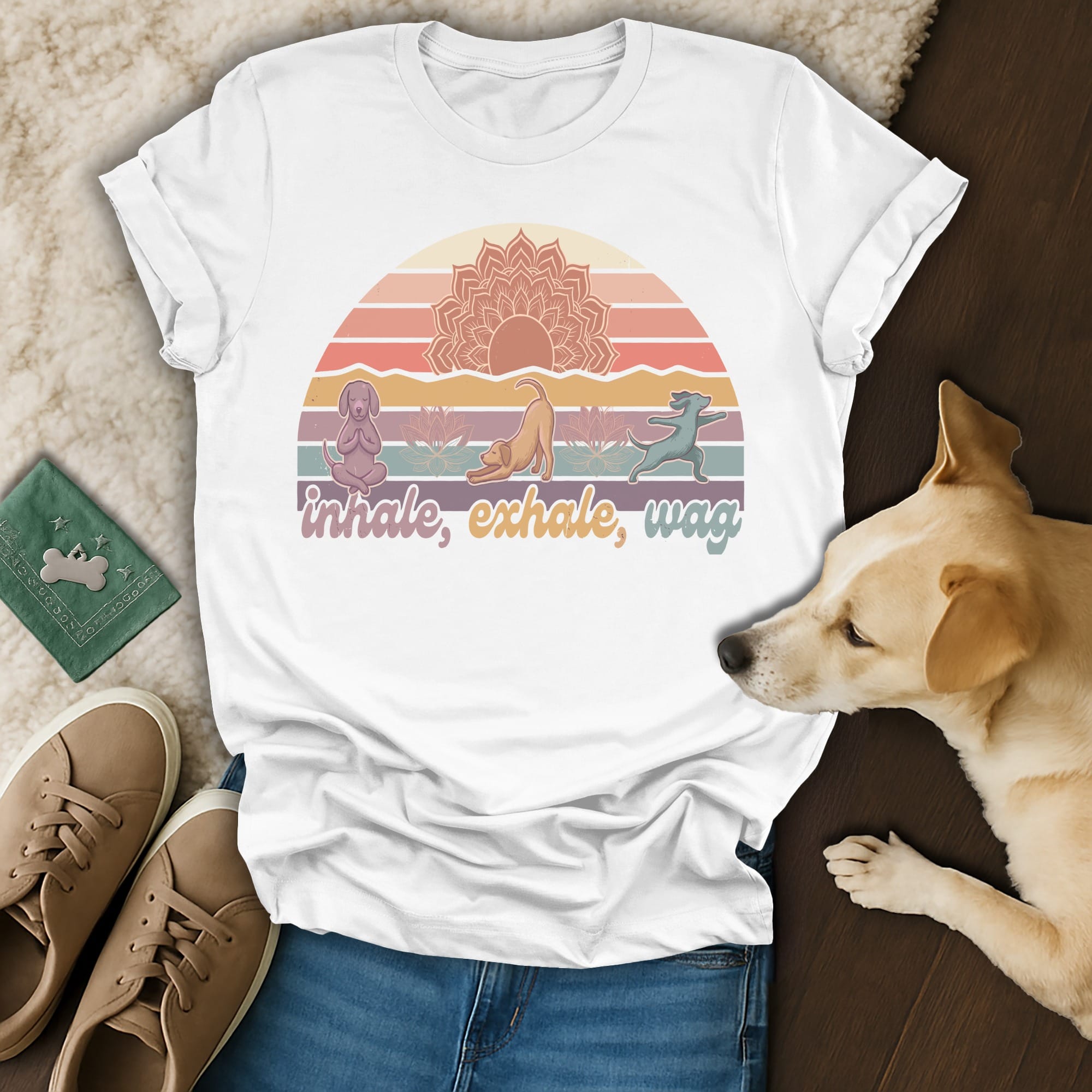 White t-shirt with "inhale, exhale, wag" text and dog doing yoga.