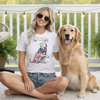 Woman wearing patriotic t-shirt with dog on porch.