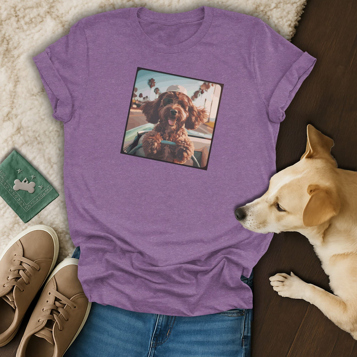 Purple t-shirt with a print of a happy dog wearing sunglasses in a car.