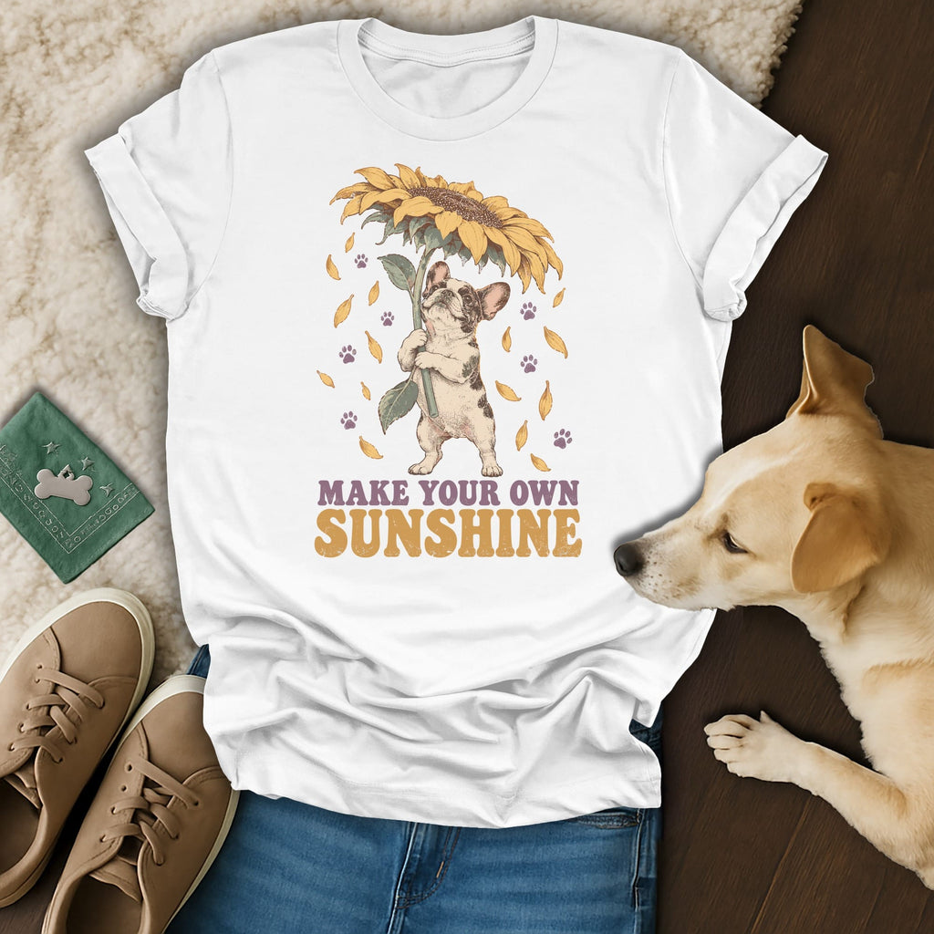 A white t-shirt featuring a French bulldog holding a sunflower graphic and the text Make Your Own Sunshine.