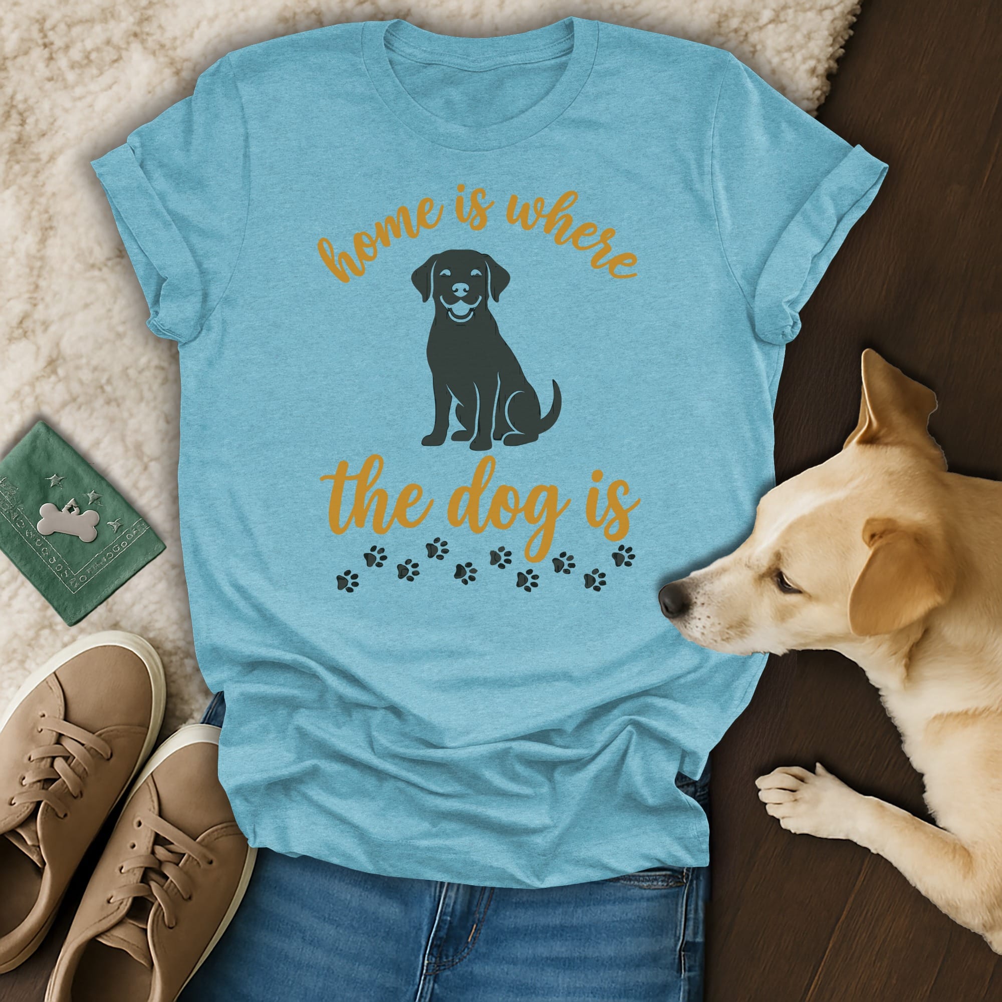 Light blue t-shirt with a black dog silhouette and "home is where the dog is" text.