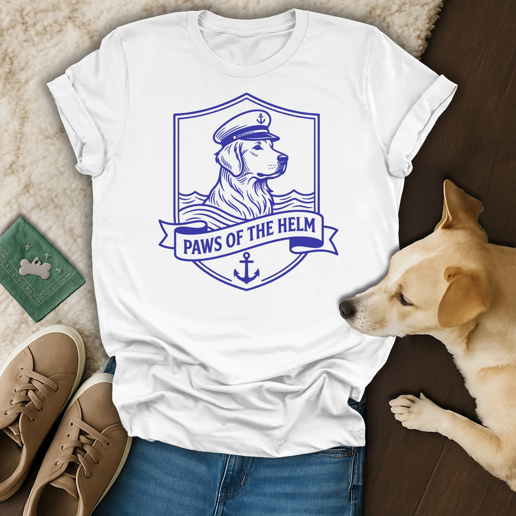 White t-shirt with "Paws of the Helm" dog crest design.