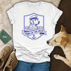 White t-shirt with "Paws of the Helm" dog crest design.