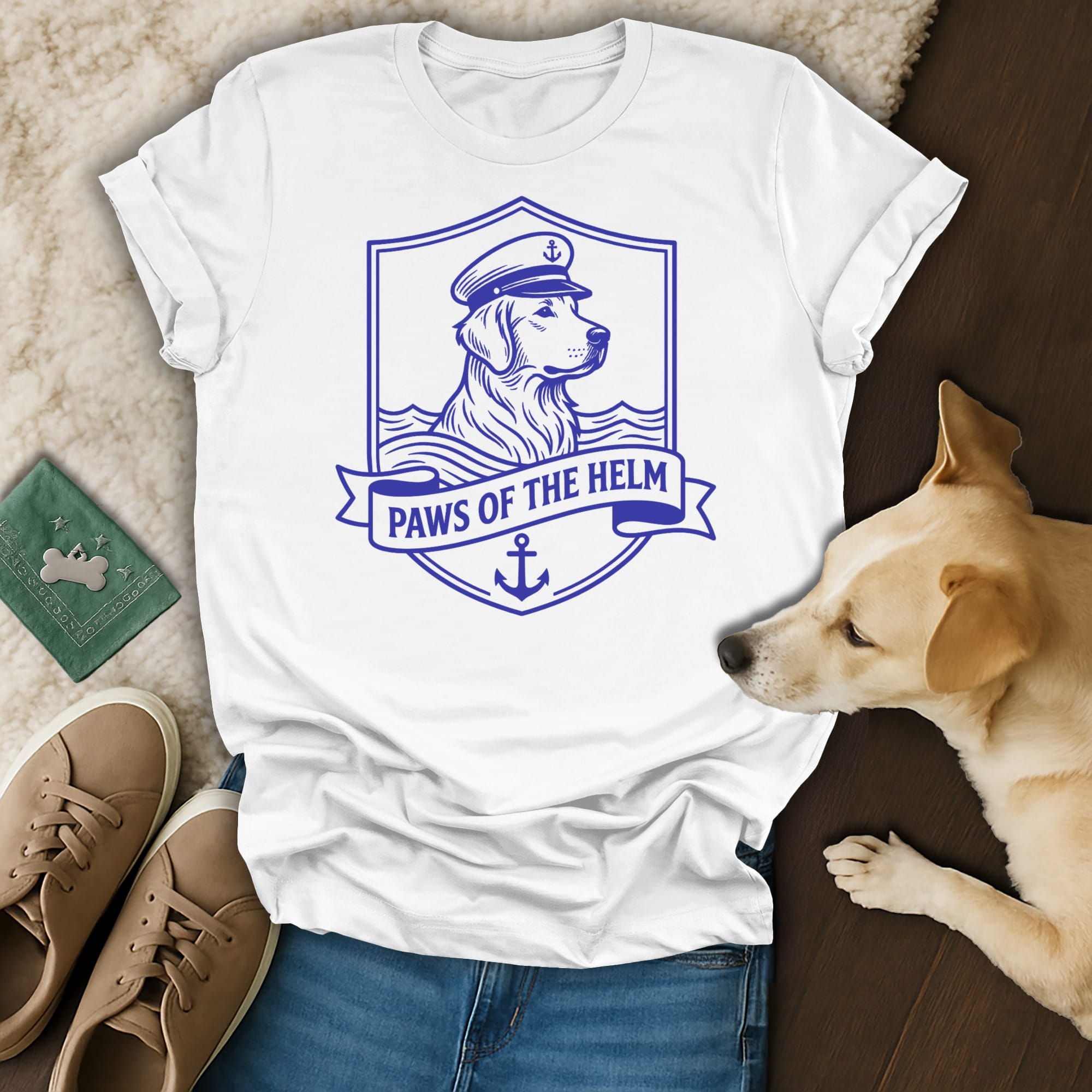White t-shirt with "Paws of the Helm" dog crest design.