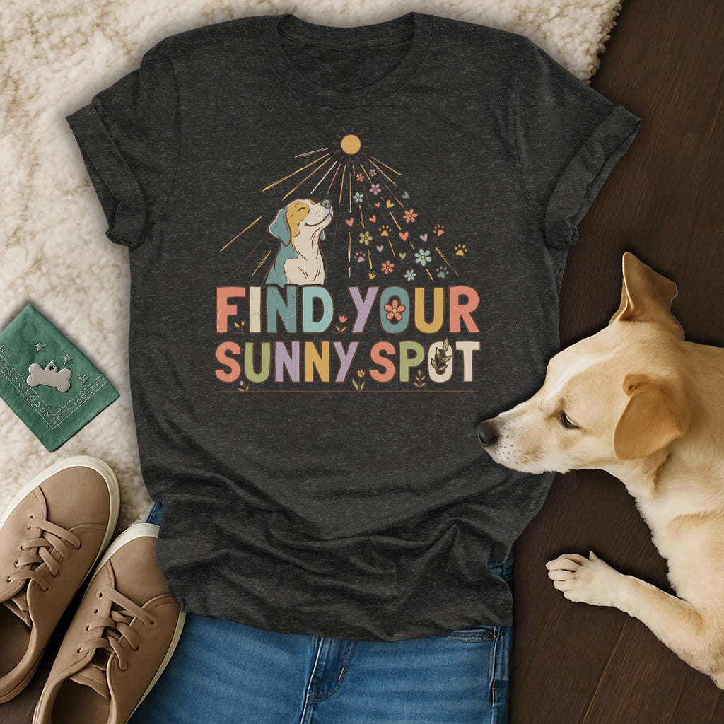 Dark gray t-shirt with a beagle looking up at the sun and text "FIND YOUR SUNNY SPOT."