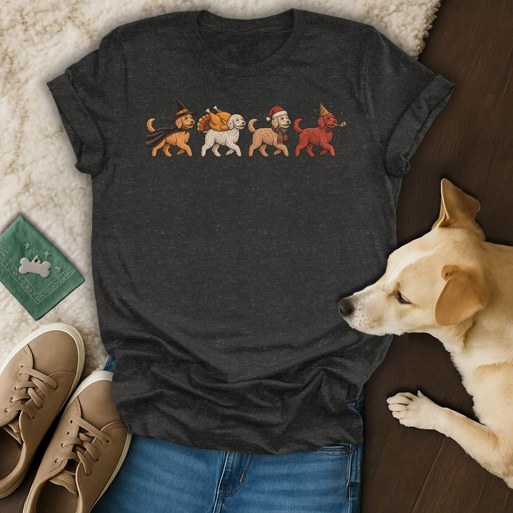 Dark grey t-shirt with four illustrated dogs dressed for Halloween, Thanksgiving, and Christmas.