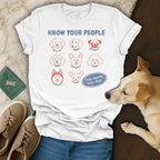 White t-shirt with "Know Your People" and drawings of dog heads.