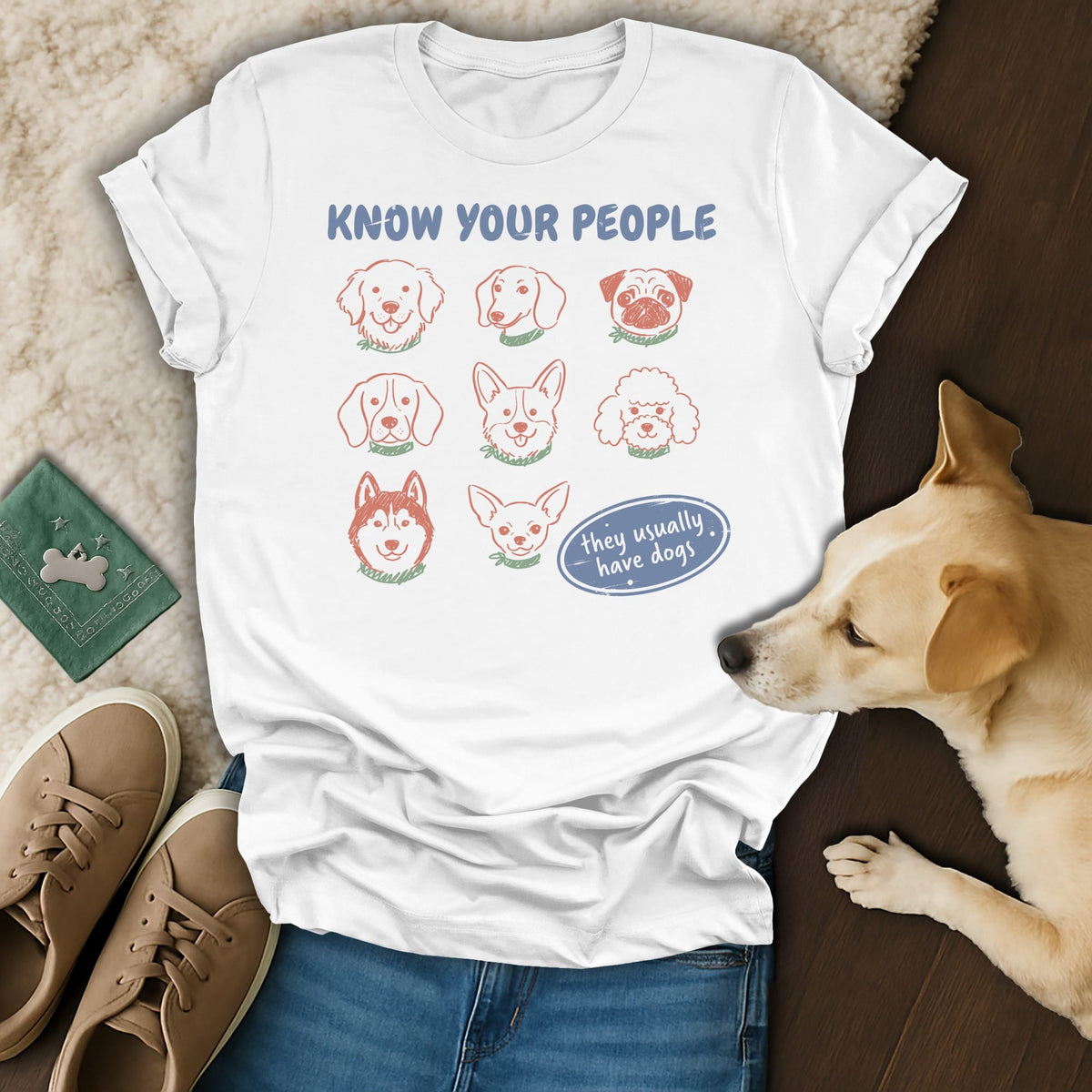 White t-shirt with "Know Your People" and drawings of dog heads.