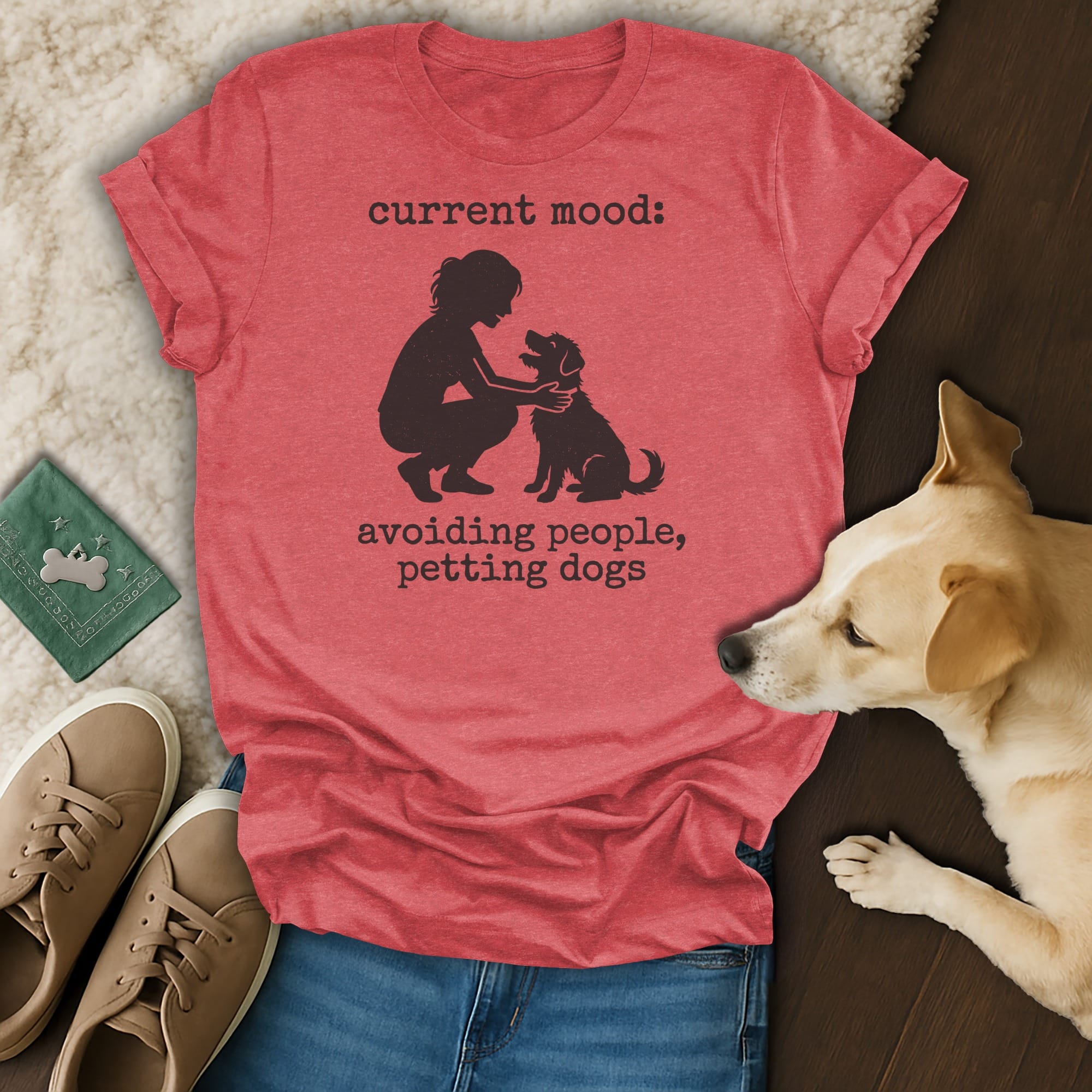 Red t-shirt with graphic text "current mood: avoiding people, petting dogs".