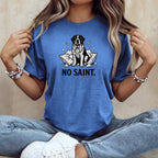 Saint Bernard dog graphic on a blue t-shirt with text "NO SAINT."