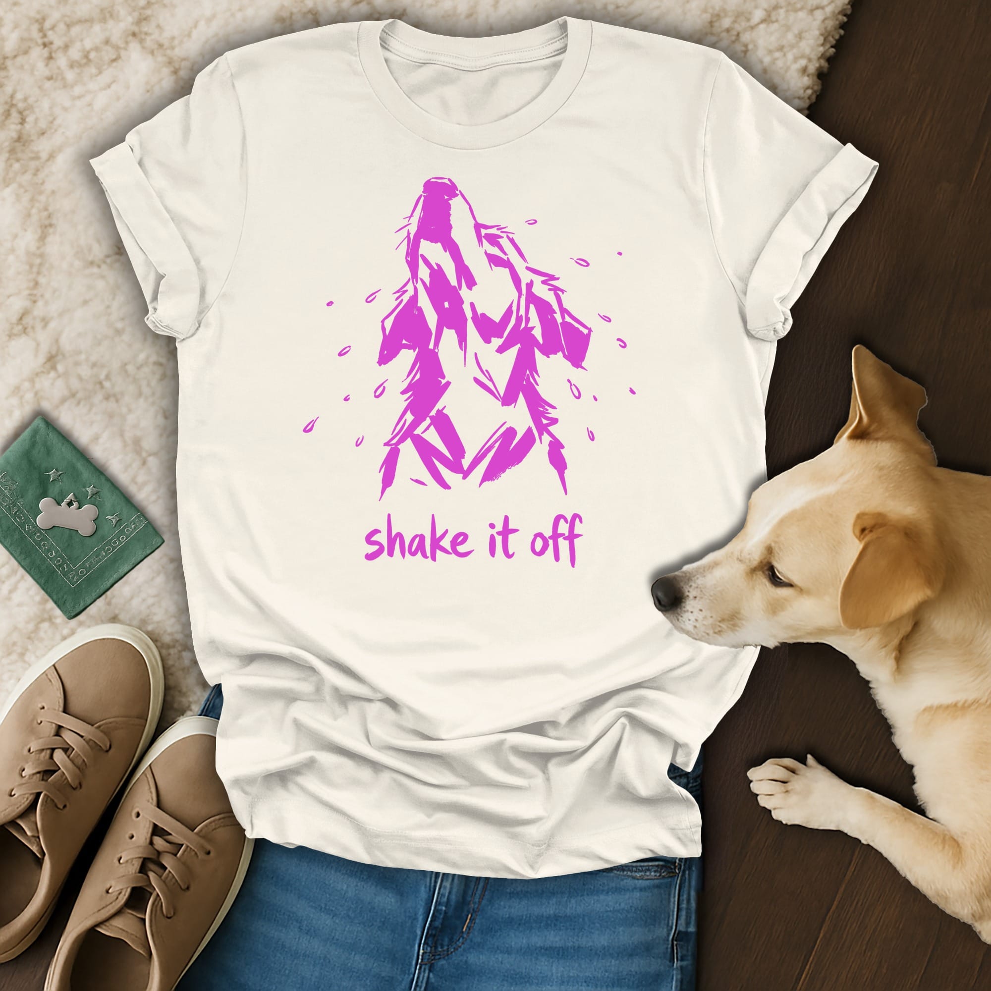 Cream t-shirt with pink wolf graphic and "shake it off" text.