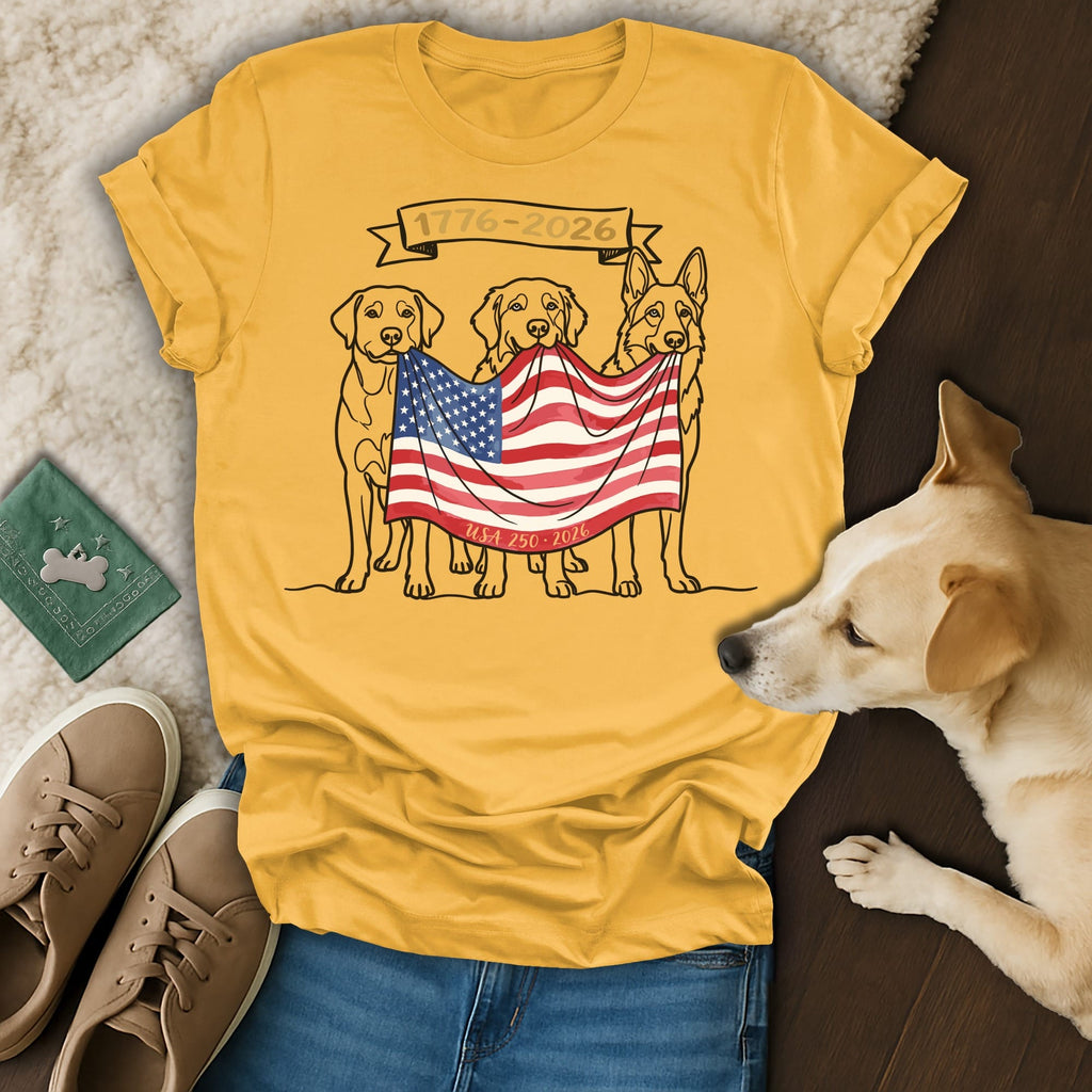 Three dogs hold a US flag with text "1776-2026 USA 250"