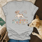 Grey t-shirt with a French bulldog graphic and text "I'M TOO SEXY FOR THIS LEASH".