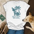 White t-shirt with teal chihuahua graphic and text "Island Heart Dog Soul".