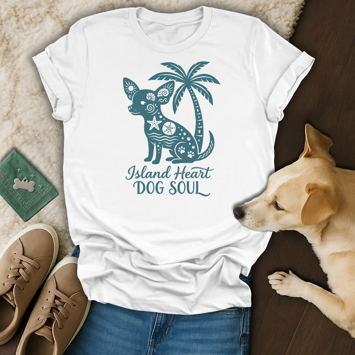 White t-shirt with teal chihuahua graphic and text "Island Heart Dog Soul".