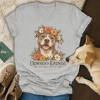 Heather gray V-neck t-shirt featuring a smiling pit bull graphic surrounded by flowers and the text Crowned in Kindness.