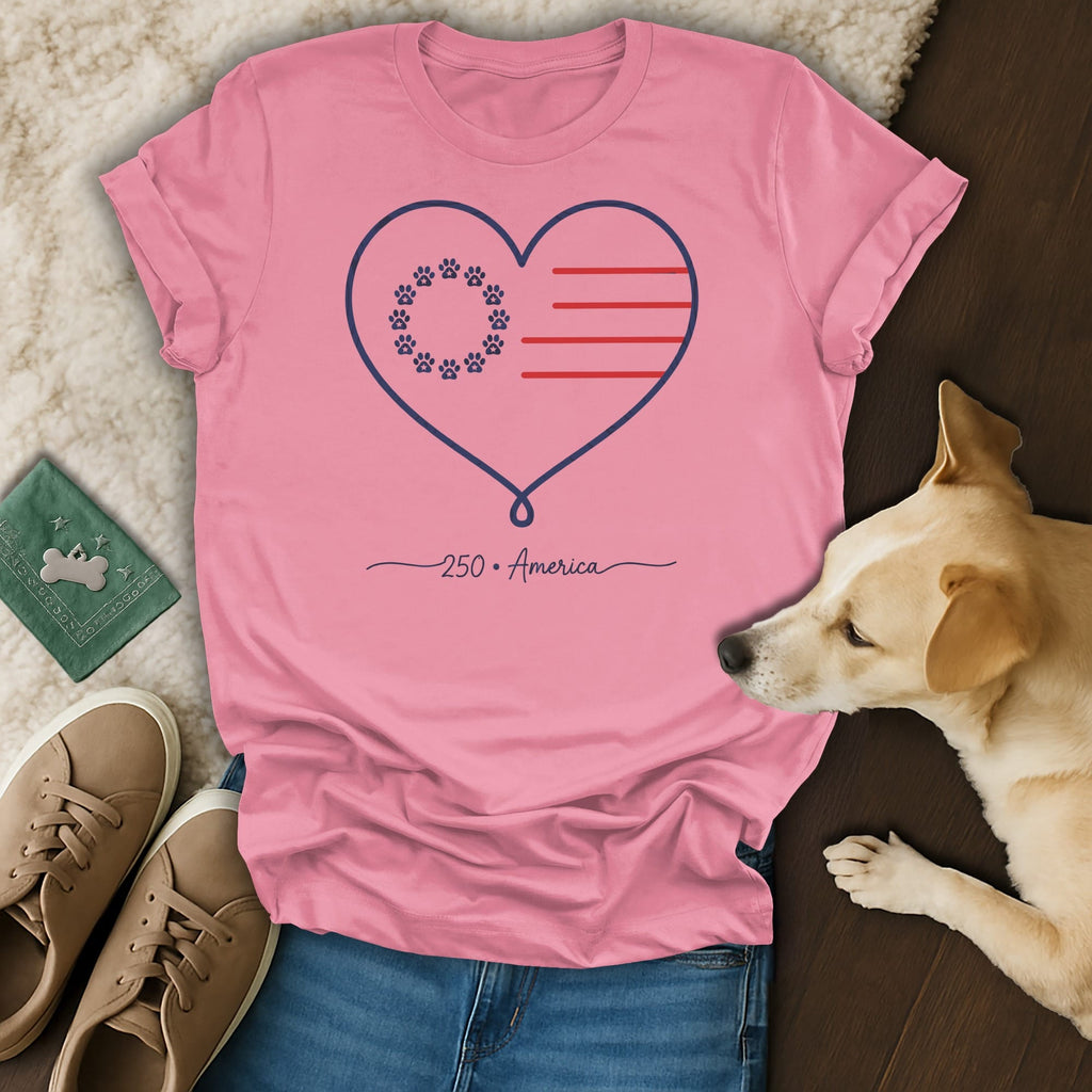 Pink t-shirt with a heart design featuring paw prints and American flag stripes, "250 America" text.