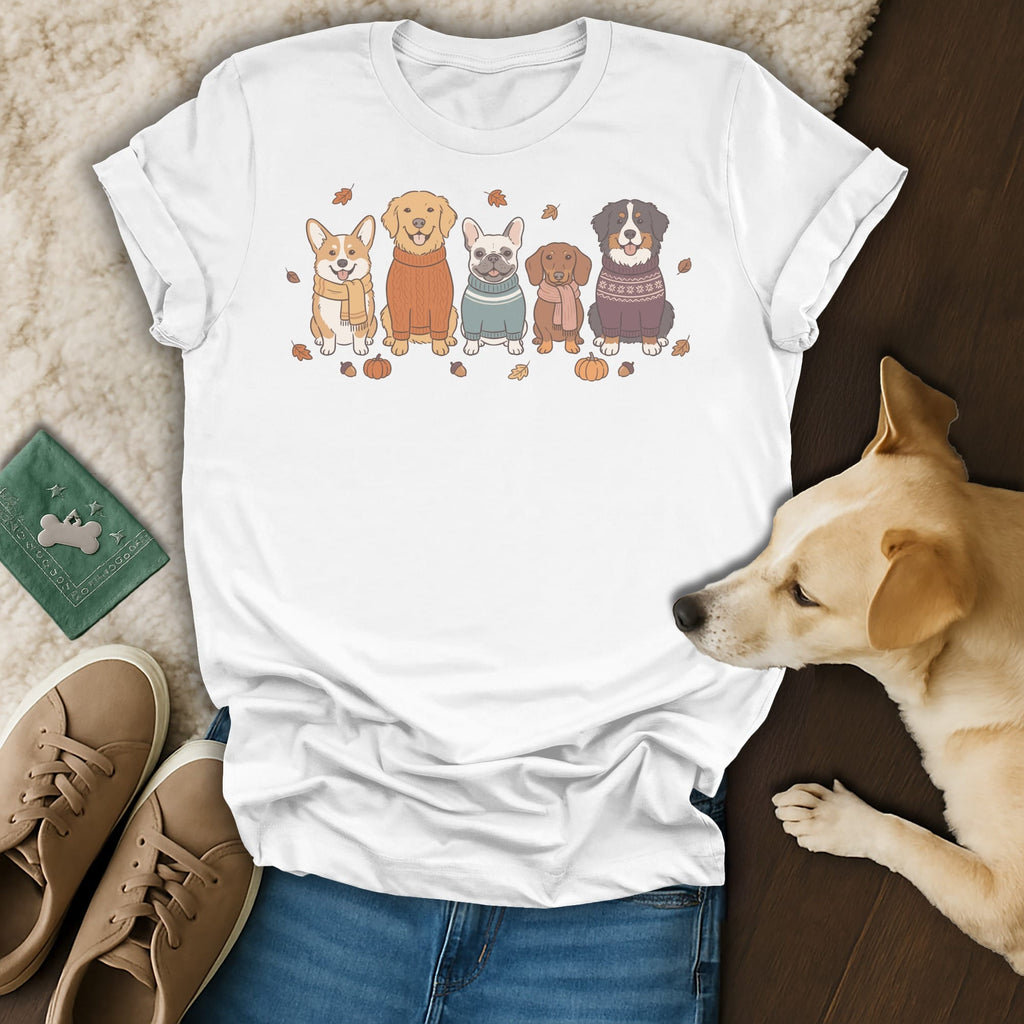 White t-shirt with five cartoon dogs wearing sweaters and scarves, surrounded by autumn leaves.