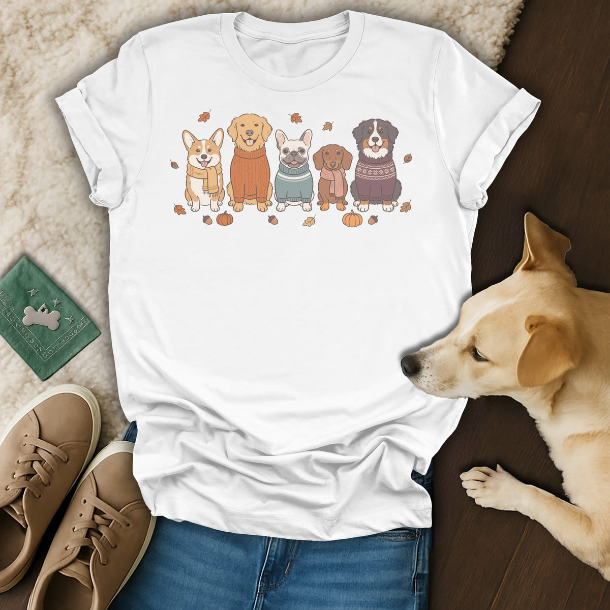 White t-shirt with five cartoon dogs wearing sweaters and scarves, surrounded by autumn leaves.