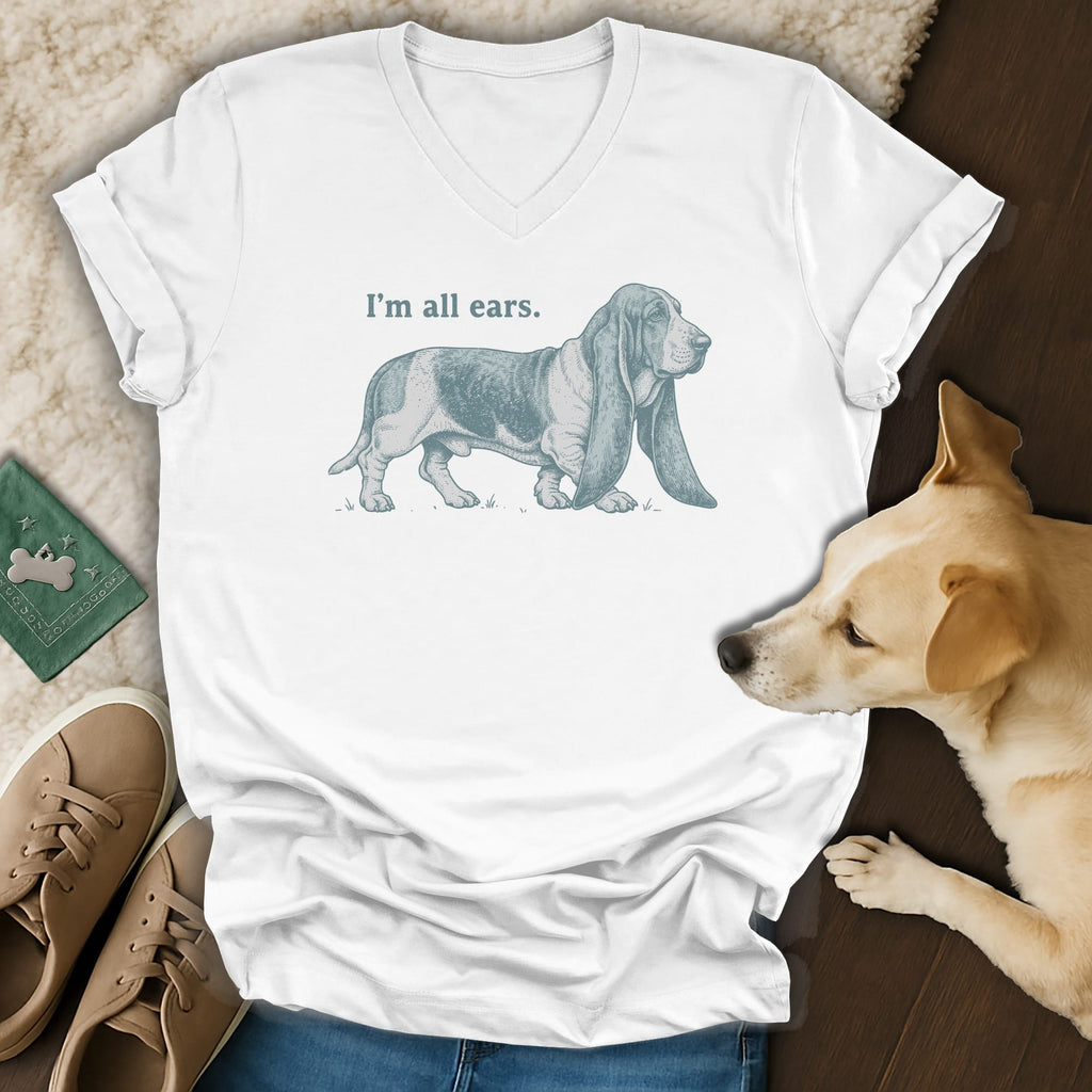 White t-shirt with a blue basset hound graphic and text that reads "I'm all ears."