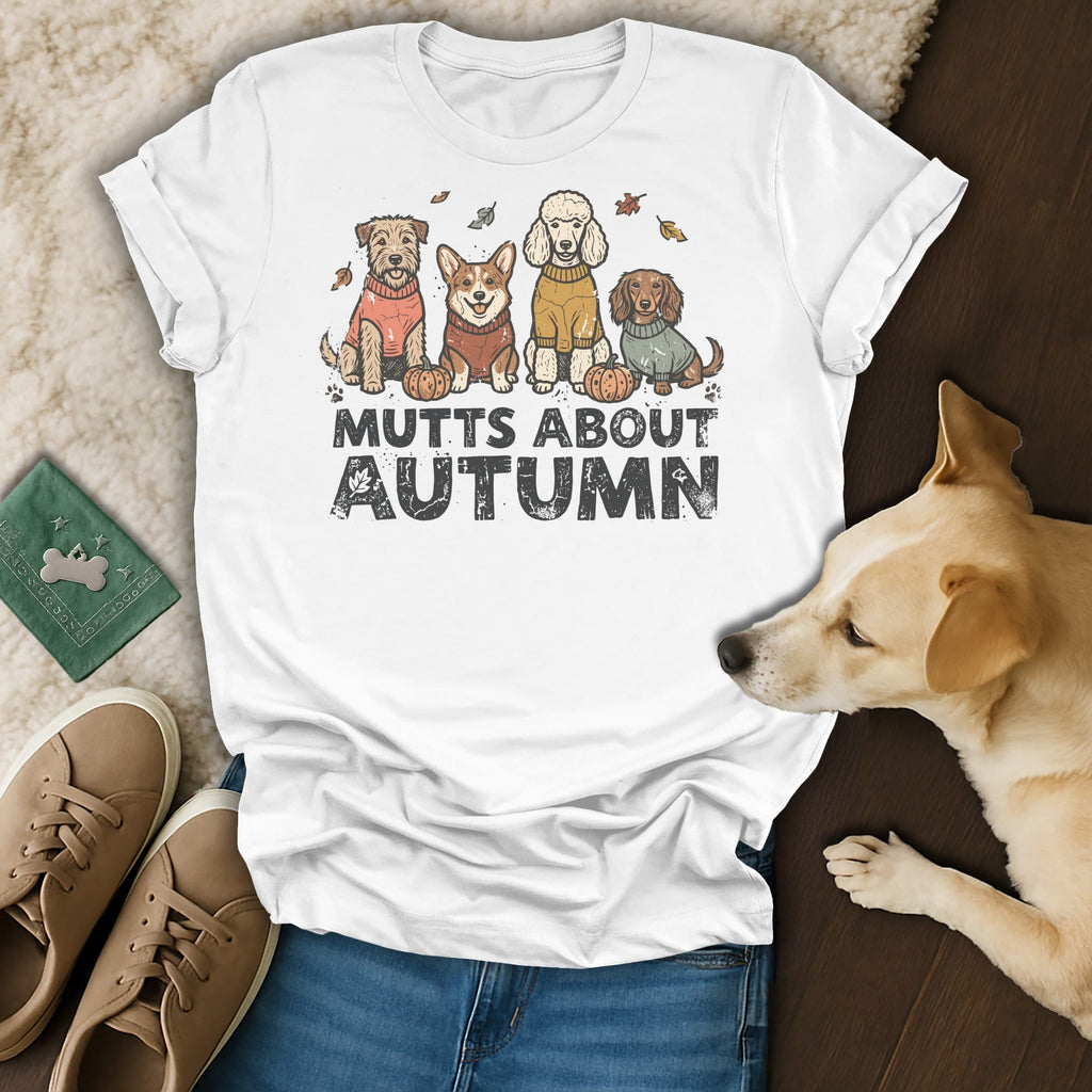 White t-shirt with "Mutts About Autumn" text and four dogs in sweaters.
