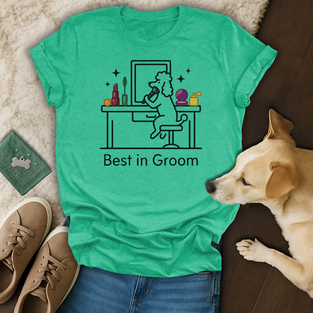 Green t-shirt with line art of a dog grooming itself at a vanity.