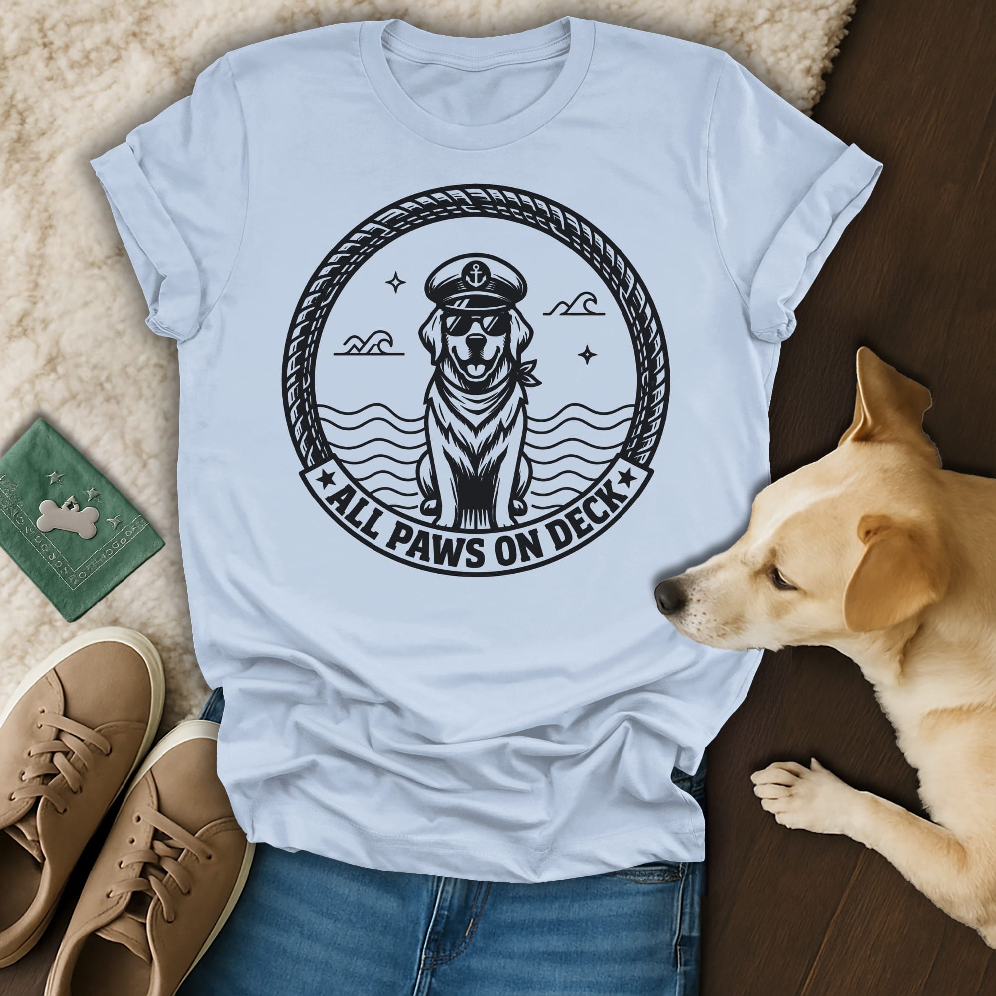 Golden Retriever wearing a captain's hat and sunglasses, with "All Paws On Deck" text.