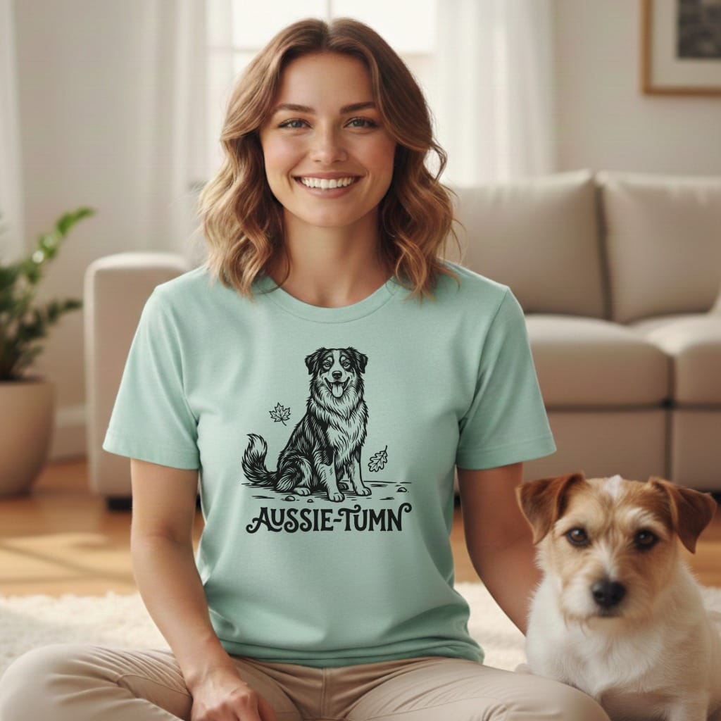 Light blue t-shirt with a black line drawing of an Australian Shepherd and "Aussie-Tumn" text.