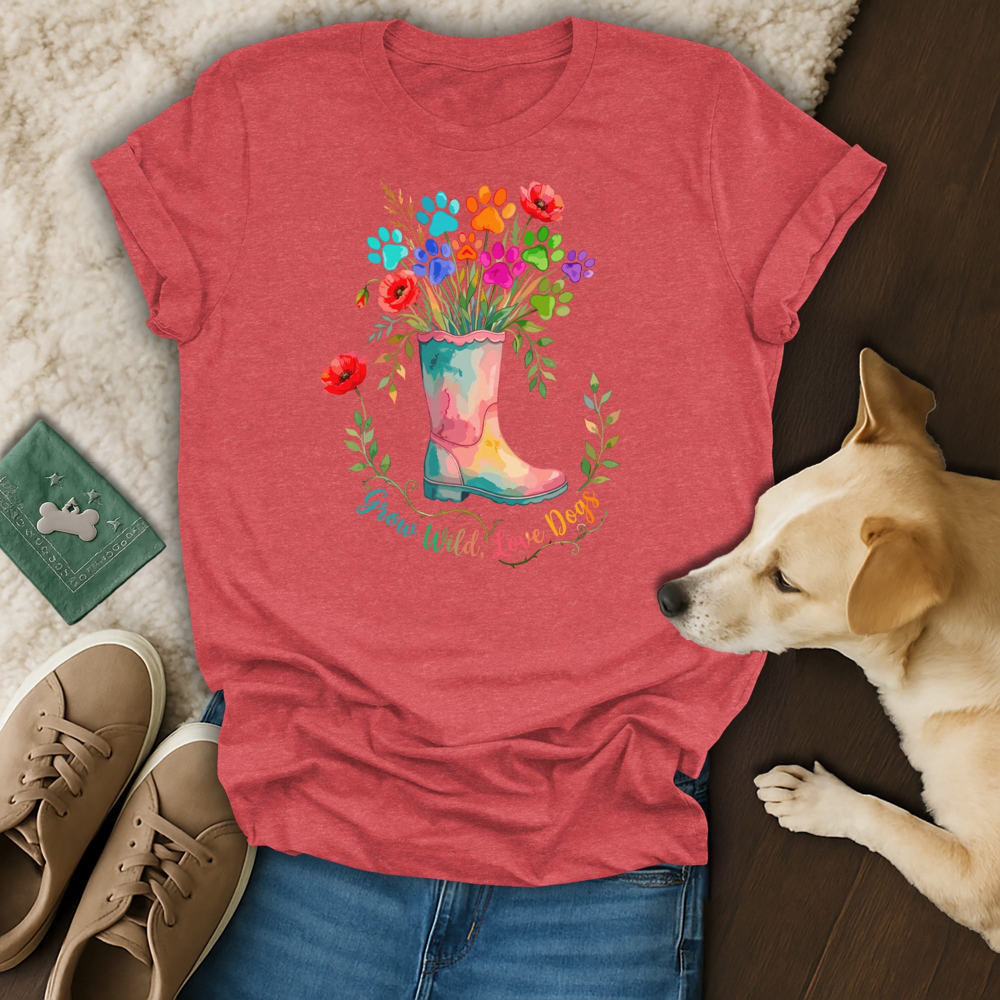 Red t-shirt with floral boot graphic and paw prints saying "Grow Wild, Love Dogs."