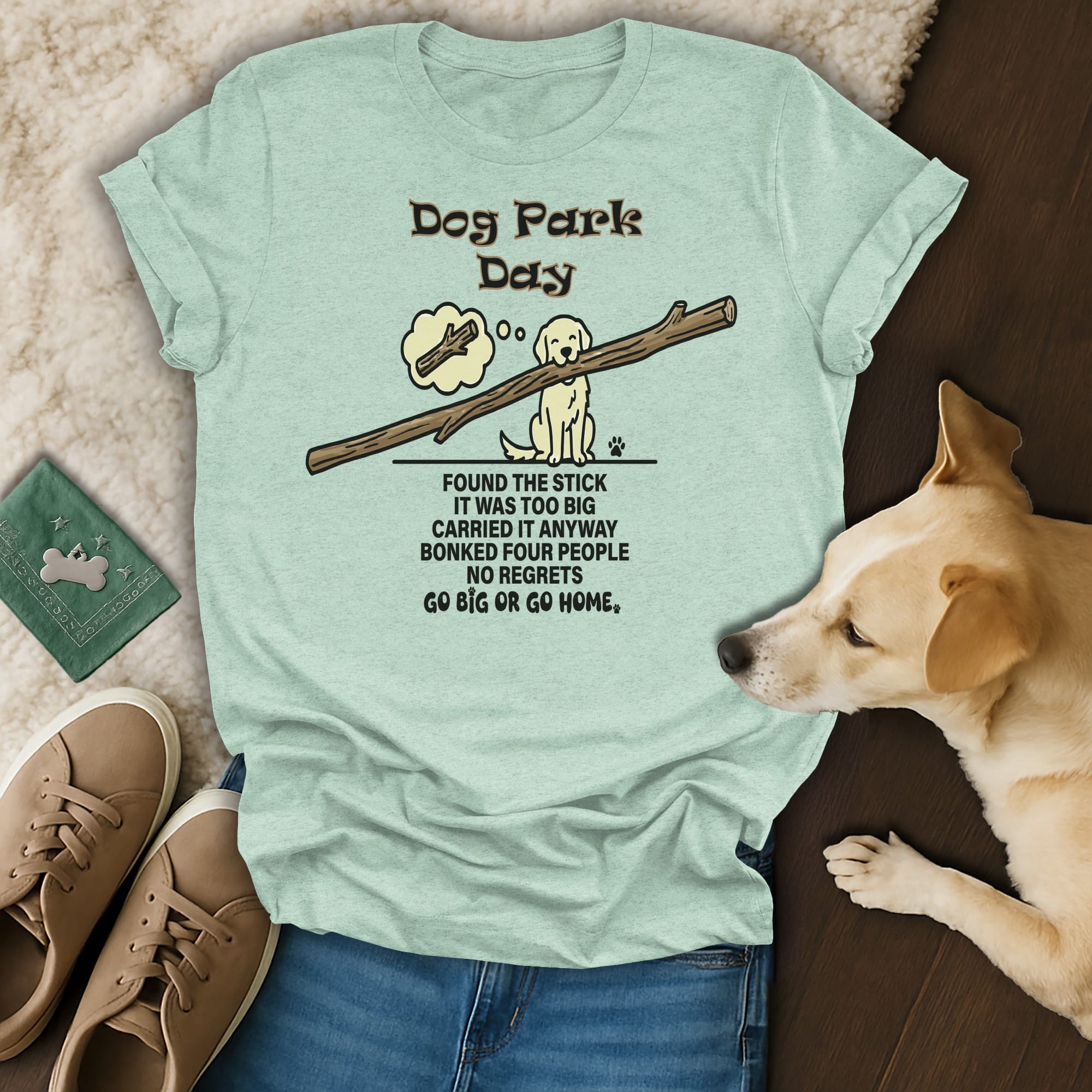 Light blue t-shirt with dog park day graphic and text.