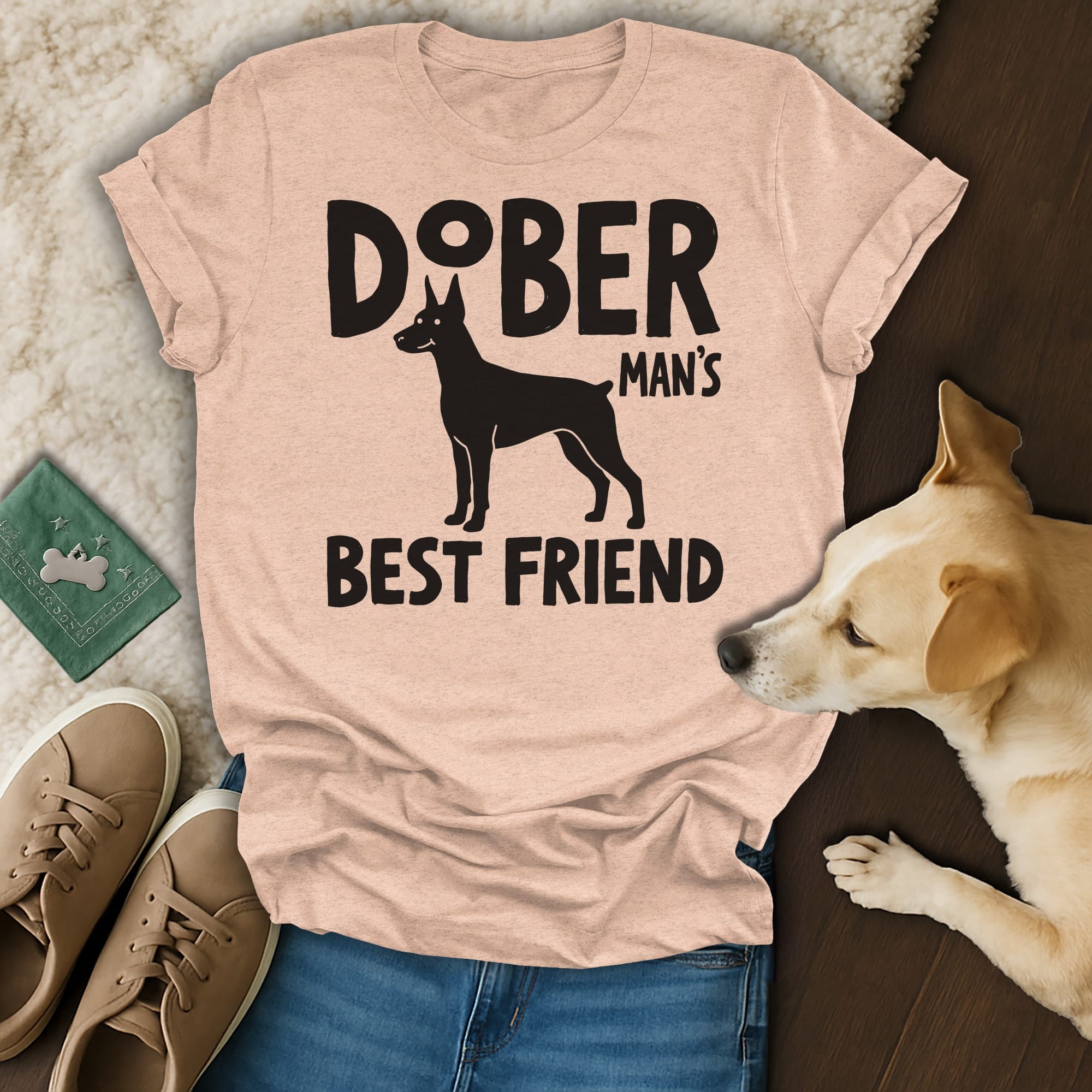 T-shirt with Doberman silhouette and text "Doberman Man's Best Friend".