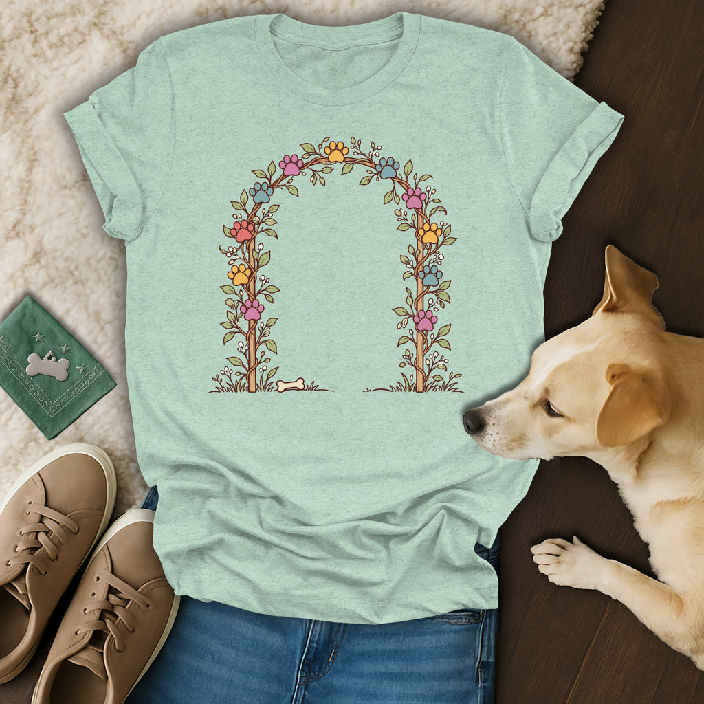 A light green t-shirt displays an illustration of a floral vine arch with colorful paw prints.