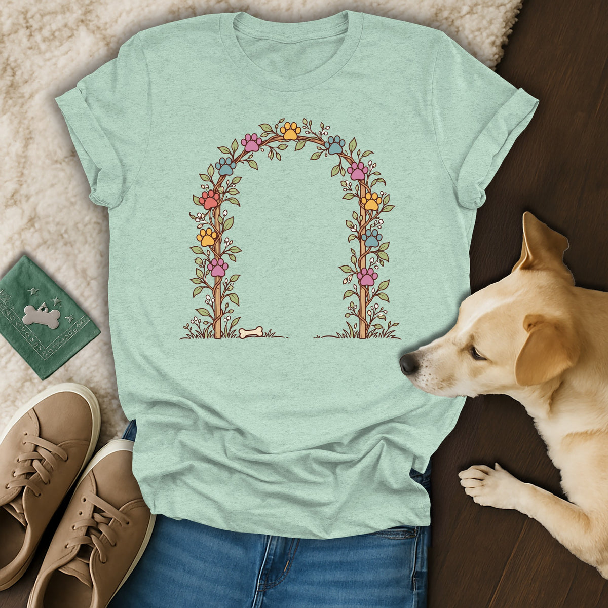 A light green t-shirt displays an illustration of a floral vine arch with colorful paw prints.