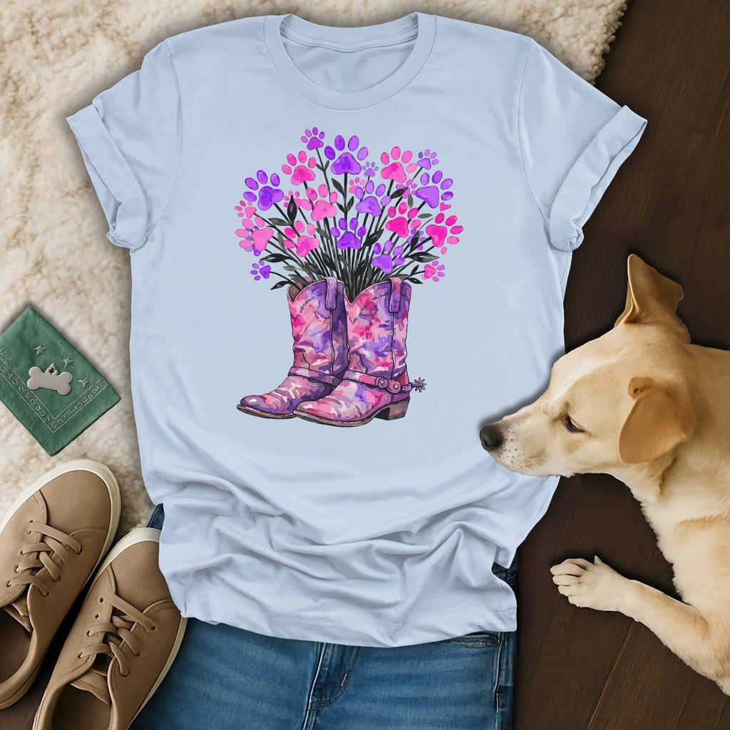 Light blue t-shirt with watercolor pink and purple cowboy boots and paw print bouquet.