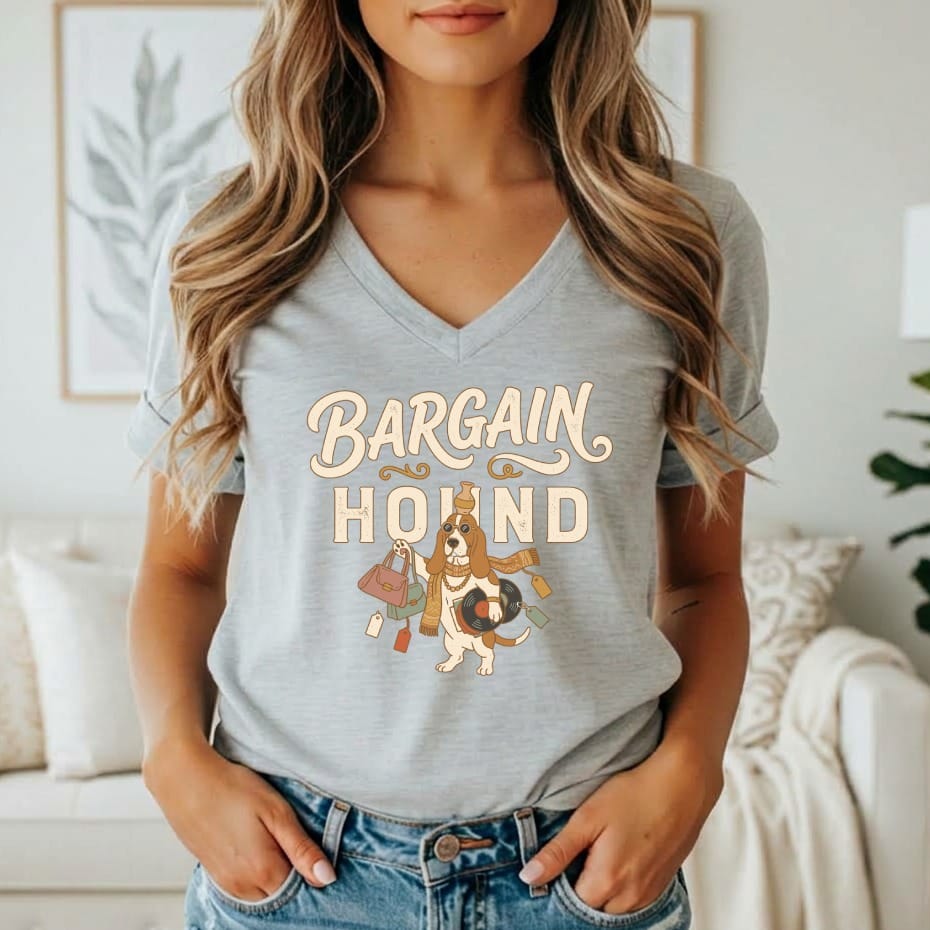 Grey t-shirt with "Bargain Hound" text and cartoon dog with shopping bags.