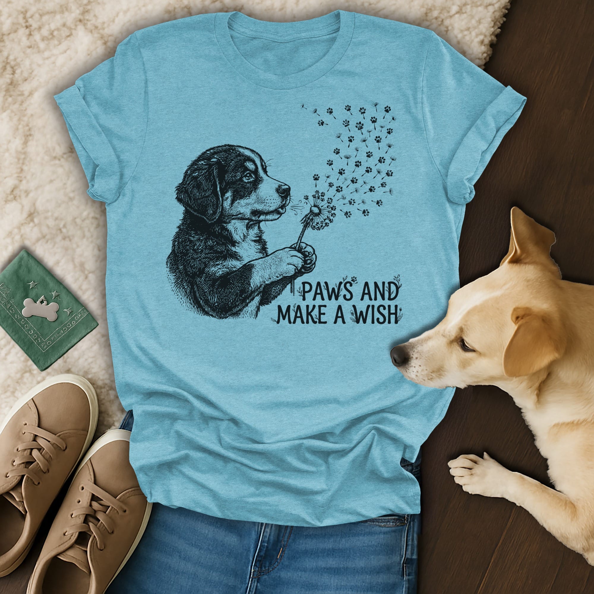 Light blue t-shirt with dog blowing dandelion seeds, "Paws and Make a Wish" text.