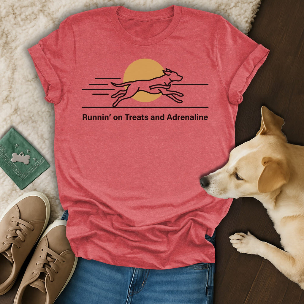 Red t-shirt with a dog running and "Runnin' on Treats and Adrenaline" text.