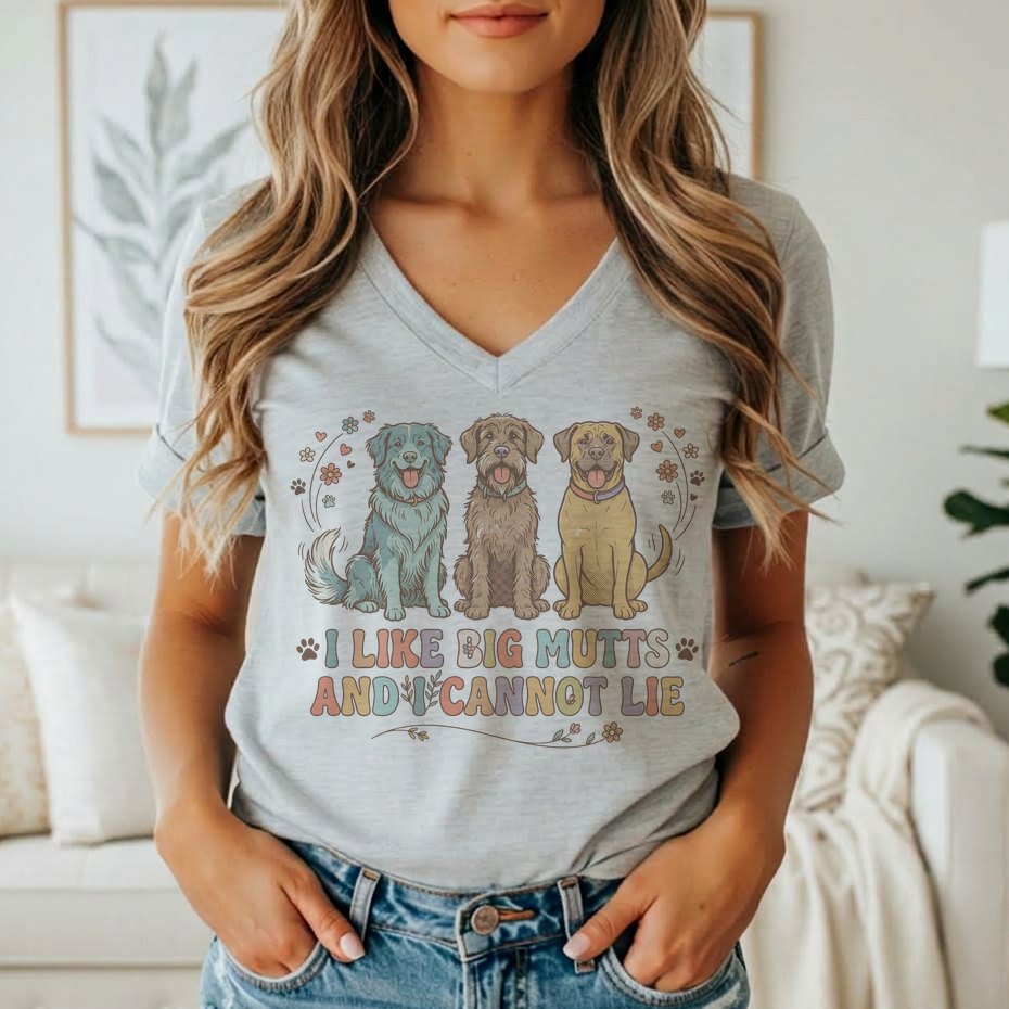 Grey t-shirt with three cartoon dogs and the text "I LIKE BIG MUTTS AND I CANNOT LIE".